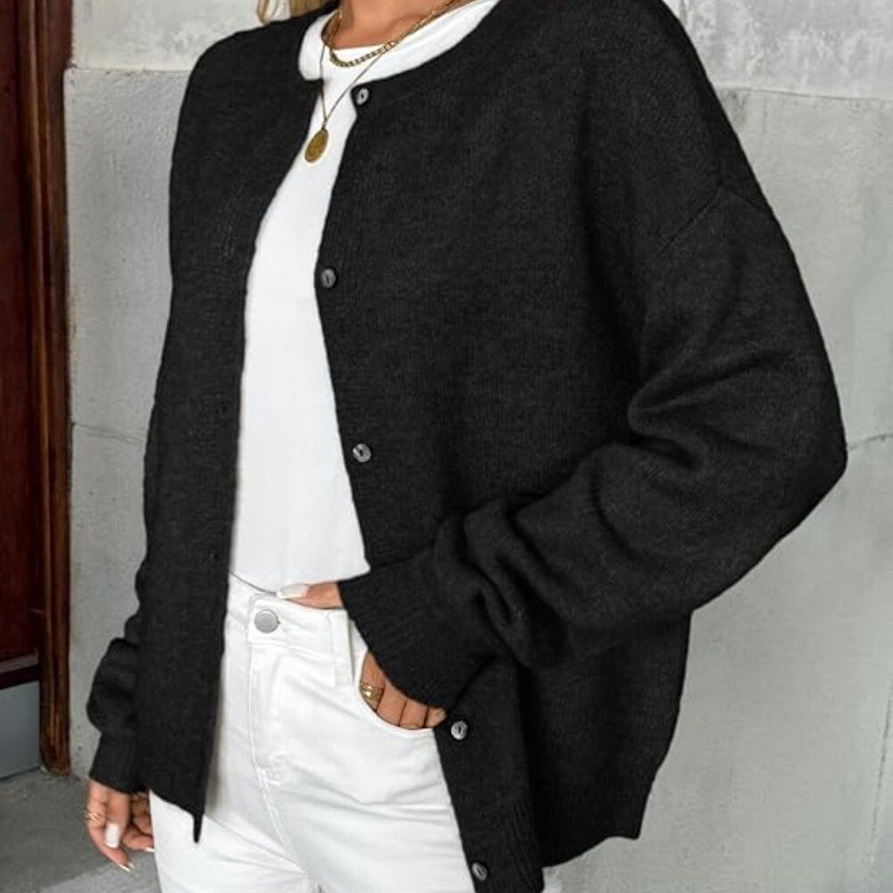 Oversized Crew Neck Button-Front Knit Cardigan Sweater Black Work Office